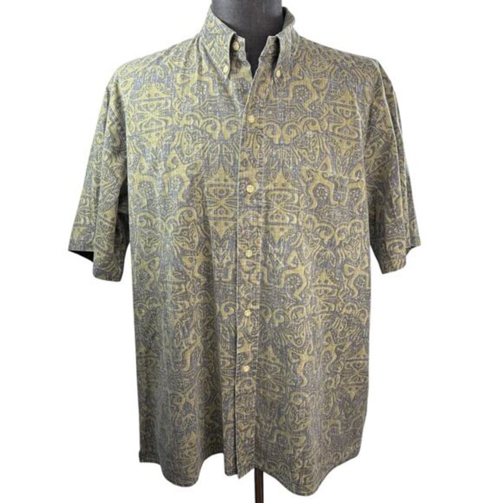 Reyn Spooner VTG 90s Y2k Hawaiian Shirt Reverse Green Tiki Print Print‎ Size XXL